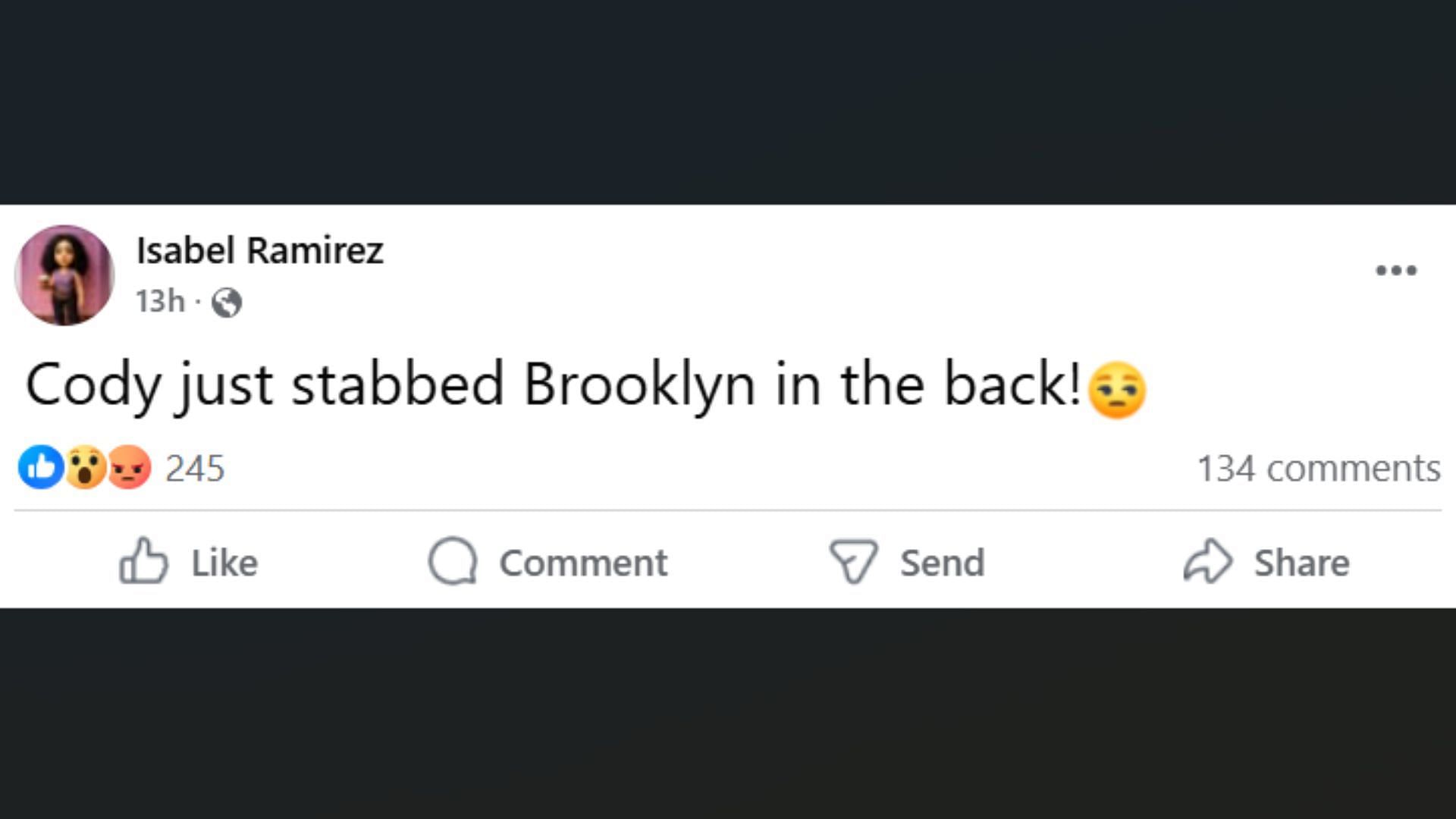A Facebook post about Cody's betrayal (Image via Facebook/General Hospital Fans - Official)